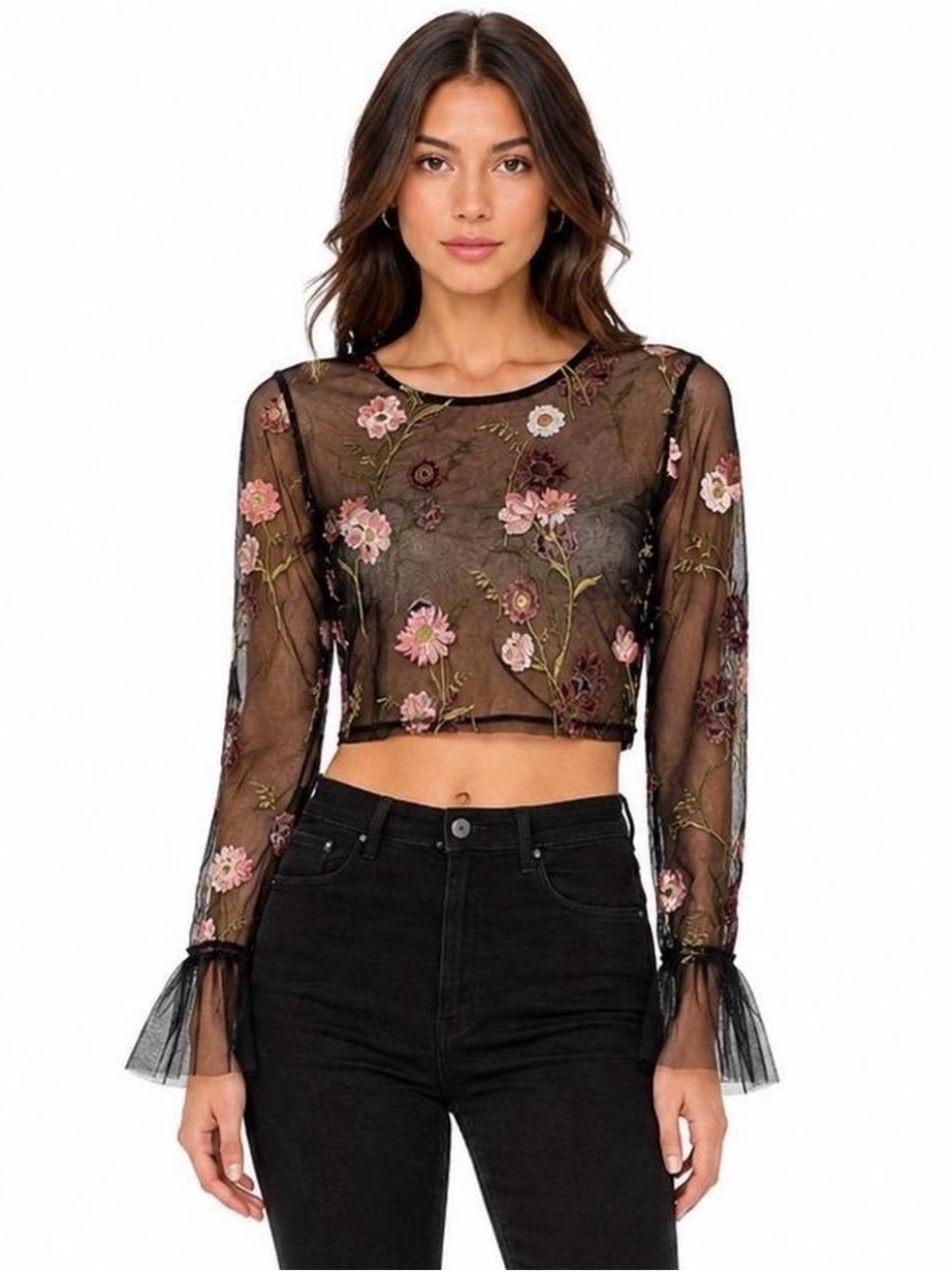 Ten Sixty Sherman NWOT Sheer Black Floral Embroidered Crop Top